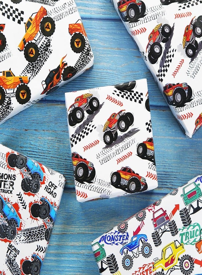 Geluode Monster Trucks Wrapping Paper, Dune Buggy Off Road Vehicles Racing Car Jumping Adventure Wrapping Paper,4 Sheets Folded Flat 28x20 inch Gift Paper for Boys Girls Kids Birthday Party - Image 4